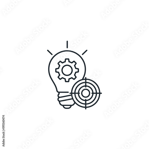 A lightbulb with a gear inside it and a target symbol next to it