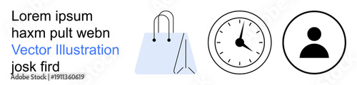 E-commerce, time tracking, user identity, retail shopping, digital transactions, productivity. Shopping bag, clock and user symbol on a white background. E-commerce and time tracking concept