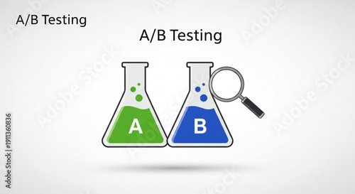 Ab testing concept with beakers and magnifying glass for business analysis and experimentation