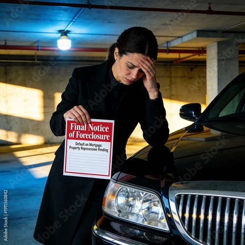 Woman Holding Foreclosure Notice Beside a Car in a Parking Garage