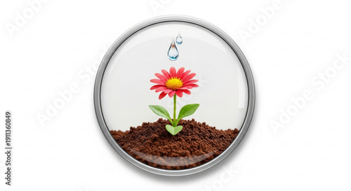 Vibrant pink flower growing in soil with water droplets symbolizing growth and nature