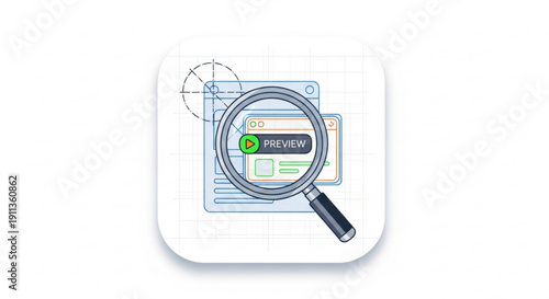 Magnifying glass on a digital document preview with blue lines and a green checkmark on a white background