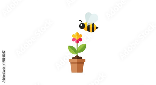 A colorful bee flying over a potted flower with green leaves and vibrant petals