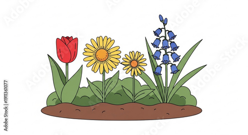 Colorful garden flowers including tulip daisies and bluebells in bloom