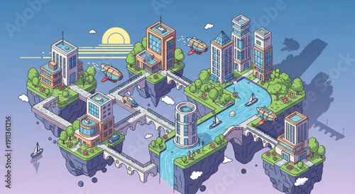 Isometric floating city illustration futuristic urban landscape with sky islands and airships concept for technology and innovation