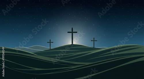 Three crosses on rolling hills under a starry night sky symbolizing faith and hope a powerful religious concept