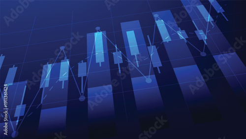 financial market candlesticks with bar chart on blue background