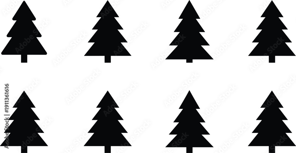 Obraz premium Christmas tree silhouette icon set featuring pine fir evergreen forest shapes black vector collection isolated