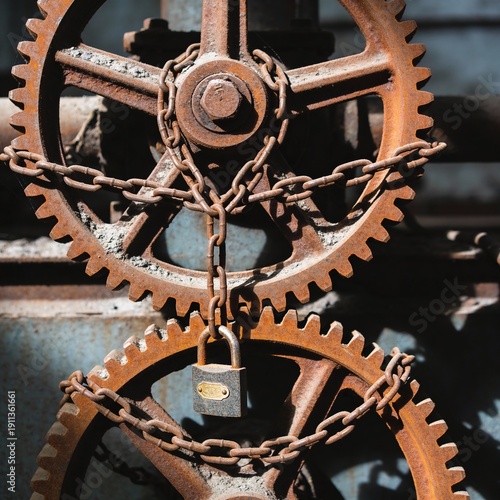 Rusty Gears Secured by Chain and Padlock in Industrial Setting
