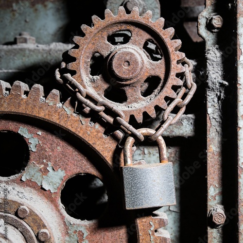 Rusty Gears Locked with Chain and Padlock in a Close up