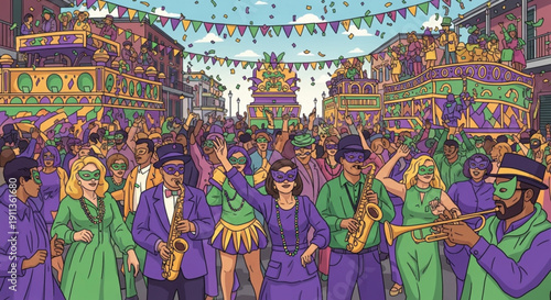 Mardi Gras street parade with colorful floats festive crowd and musicians playing celebrating carnival season with beads and masks
