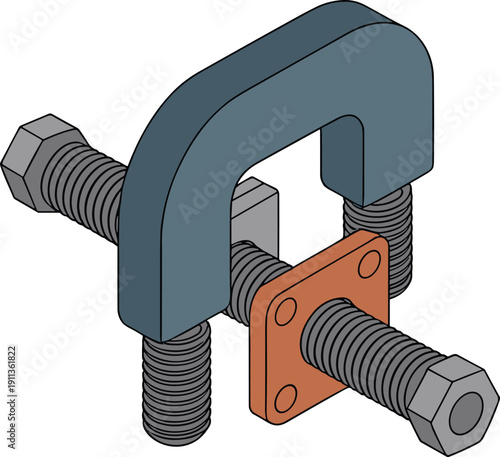 Isometric mechanical clamp assembly illustration, industrial threaded bolt hardware component, engineering fastening device technical vector isolated design