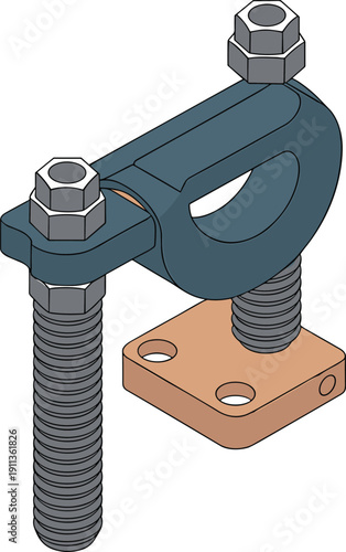 Isometric mechanical clamp illustration, industrial fastening hardware assembly, threaded bolts and bracket vector technical engineering component isolated design