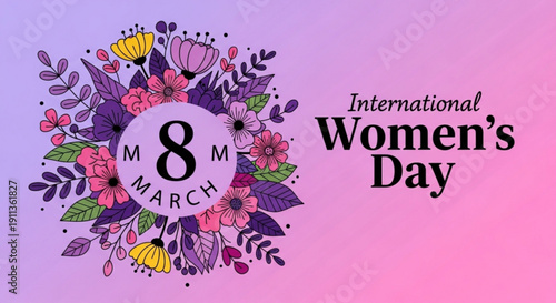 International Womens Day greeting card with floral wreath and 8 March text celebrating womens rights and equality