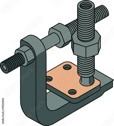 Isometric mechanical clamp tool illustration, industrial threaded screw assembly, engineering fastening hardware component vector isolated technical design