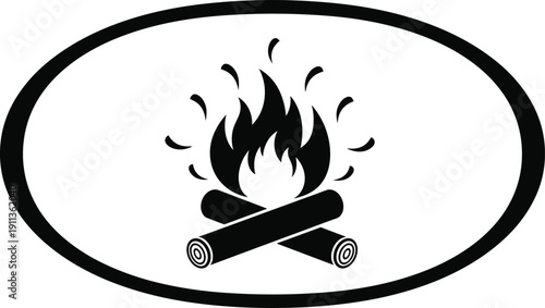 Black silhouette campfire icon with burning logs inside oval frame vector illustration for outdoor and camping design