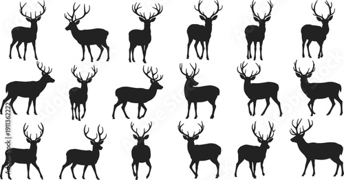 Black deer silhouettes collection, majestic stag poses, wild animal vector icons set, isolated wildlife illustration on white background