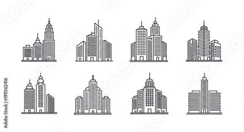 Collection of eight modern skyscraper building illustrations in a line art style.