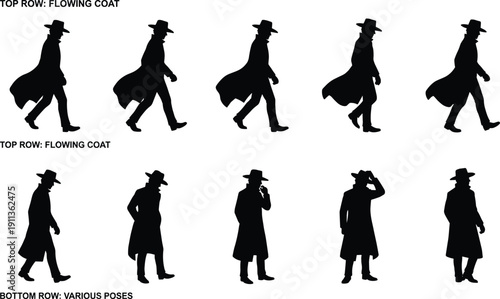 Detective Silhouette Walking with Flowing Coat and Hat, Noir Mystery Character Poses Set, Private Investigator, Crime Thriller Concept Illustration