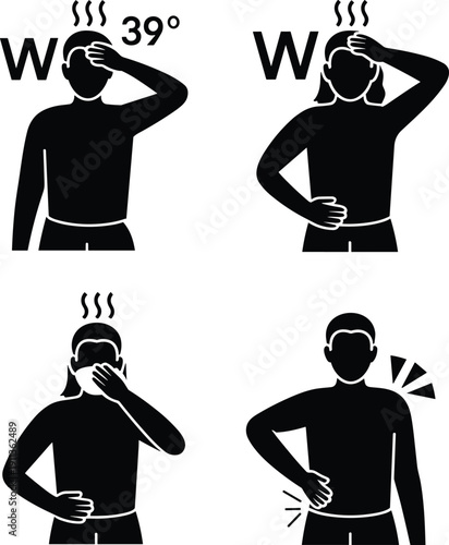 Fever and Flu Symptoms Icon Set, High Temperature 39 Degrees, Headache, Nausea, Stomach Pain, Viral Infection Healthcare Illustration