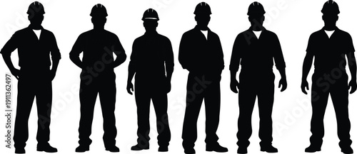 Black silhouette construction workers wearing safety helmets standing in row for industrial workforce and labor concept illustration