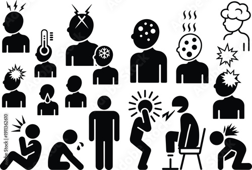 Illness and Pain Symptoms Icon Set, Fever, Headache, Nausea, Injury, Stress, Medical Emergency, Healthcare Silhouette Illustration Collection