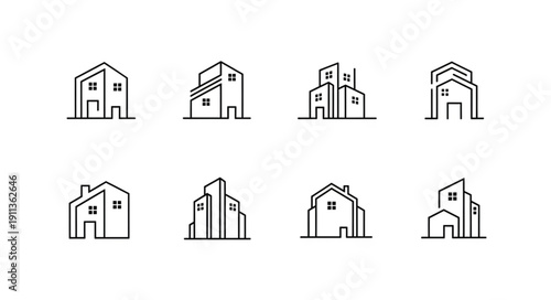 Set of minimalist line art building icons for real estate.