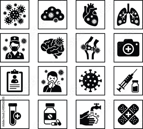 Medical and Virus Icon Set Illustration, Healthcare, Infection, Vaccination, Diagnosis, Prevention, Coronavirus, Hospital, Treatment, Medicine Concept Collection