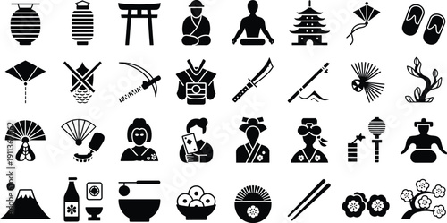 Japanese Traditional Culture Icons Set, Samurai, Torii Gate, Pagoda, Geisha, Sushi, Mount Fuji, Lanterns, Black Silhouette Collection