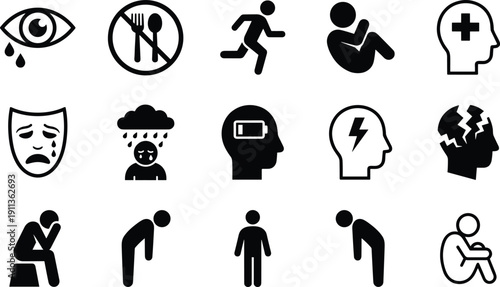 Mental Health and Emotional Disorder Icons Set, Depression, Anxiety, Fatigue, Stress, Burnout, Psychological Symptoms Silhouette Illustration Collection