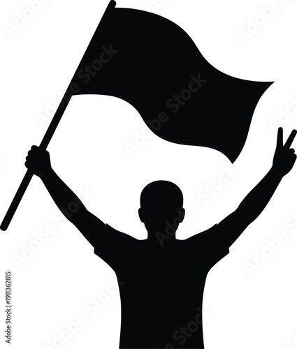 Protest Silhouette with Flag and Peace Sign Gesture, Political Demonstration, Activism, Freedom, Social Justice, Civil Rights Movement Concept Illustration