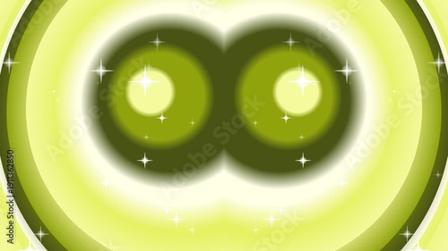 Abstract green circular shape with glowing eyes, sparkling stars, and gradient effect, digitally illustrated in a surreal and futuristic art style, representing a mystical or magical entity 