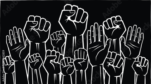 Raised Fists and Open Hands Protest Illustration, Symbol of Unity, Resistance, Solidarity, Human Rights Activism, Social Justice Movement Concept Art