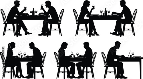 Black silhouette couples and individuals dining at restaurant table with wine glasses in romantic and business meeting scenes vector illustration