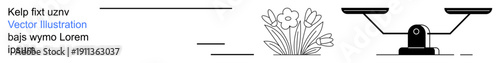 Balance, nature, economics, comparison, minimalism, simplicity. A scale and flowers appear in monochrome with text placeholders. Balance and nature with clean and simple visuals