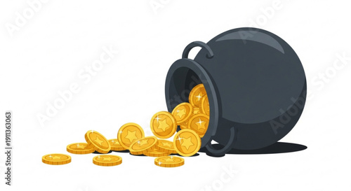 Overturned black cauldron spills gold coins on white background symbolizing wealth and fortune