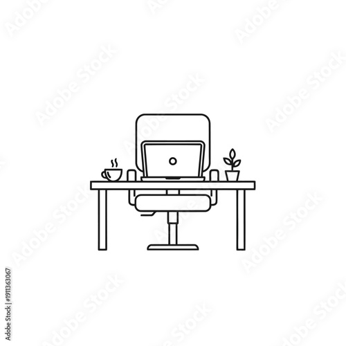 A minimalist illustration of a computer workstation with a monitor, keyboard, and accessories.