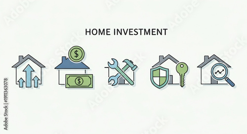 Home Investment Financial Growth Security and Analysis Icons.