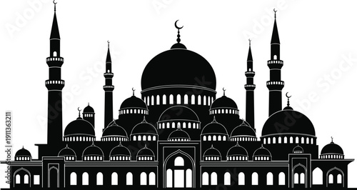 Black mosque silhouette with crescent moon and star on white clouds background isolated vector illustration for ramadan kareem eid mubarak islamic greeting card