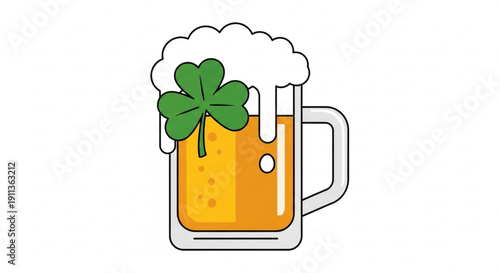 Frothy beer mug with green shamrock on st patrick's day