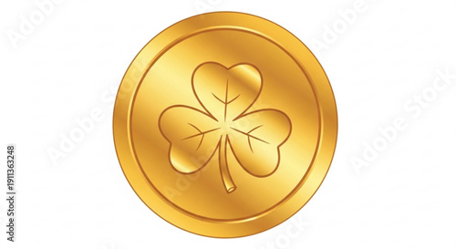 Golden coin with four leaf clover symbol on white background