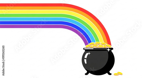 Black cauldron filled with gold coins under a vibrant rainbow on white background