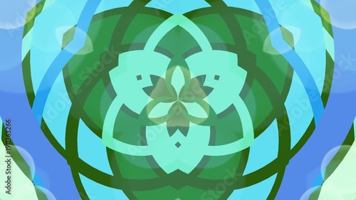 Intricate floral pattern, symmetrical reflection, abstract design, calm background, soothing colors, digital art, stylized flower, mirrored shape, serene atmosphere, green blue hues, decorat
