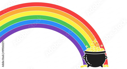 Rainbow with a black pot of gold coins on a white background symbolizing good luck and fortune