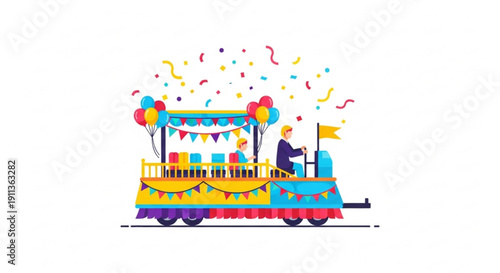 Vibrant party train with balloons and confetti on a white background