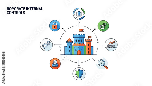 Visual representation of corporate internal controls, featuring a central castle surrounded by icons for security, operations, compliance, and continuous improvement processes.