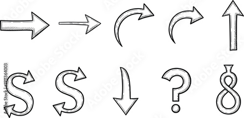 Hand drawn sketch arrows and symbols collection, curved directions, question mark and infinity sign, black outline vector illustration isolated
