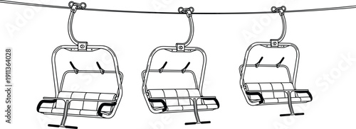 Minimalist line drawing of three empty ski lift chairs suspended on cable, winter mountain transport illustration isolated on light background