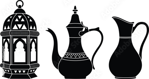 Traditional Arabic lantern, coffee pot dallah, and water jug silhouettes, Islamic cultural objects, decorative black vector illustration isolated on white background