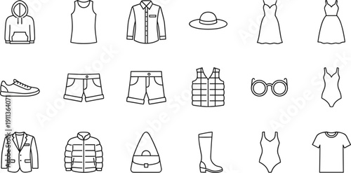 Fashion clothing outline icon set featuring dresses jacket shorts shoes bag hat sunglasses swimwear vector collection
